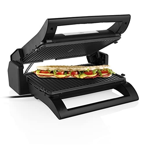 Piastra Elettrica Con Coperchio, 1500 watt, Apertura a 180°, 31.5 x 21.5 cm, Acciaio inossidabile, Nero opaco