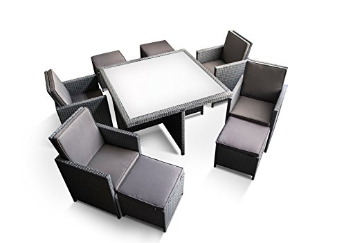 Ragnarök-Möbeldesign PolyRattan - DEUTSCHE Marke - EIGNENE Produktion - 8 Jahre GARANTIE auf UV-Beständigkeit Gartenmöbel Essgruppe Tisch + 4 Stühle & 4 Hocker 12 Polster Platinum Grau – Bild 8