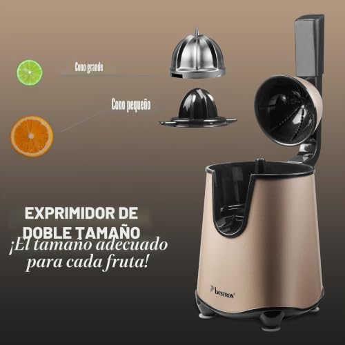 Exprimidor eléctrico, exprimidor de naranja con función de parada de boquilla y tamiz de pulpa de acero inoxidable, incluye 2 conos de 450 ml de capacidad, palanca de presión suave para un