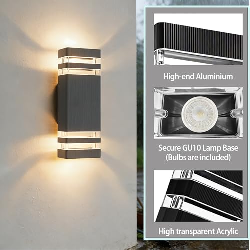 JNR Outdoor Wall Light IP54 Waterproof Wall Light Outdoor Anthracite Grey | Außenlampe Wand 2*5w GU10 3000K Warmweiß LED Glühbirne, 230V Aluminium Außenleuchte Aussenleuchte, Ausenbeleutung Hauswand