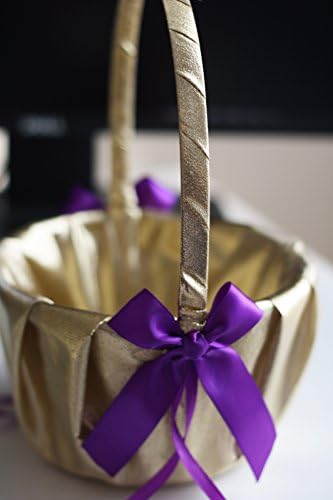 Gold Purple Flower Girl Basket / Gold Purple Petals Basket / Gold Purple Wedding Basket