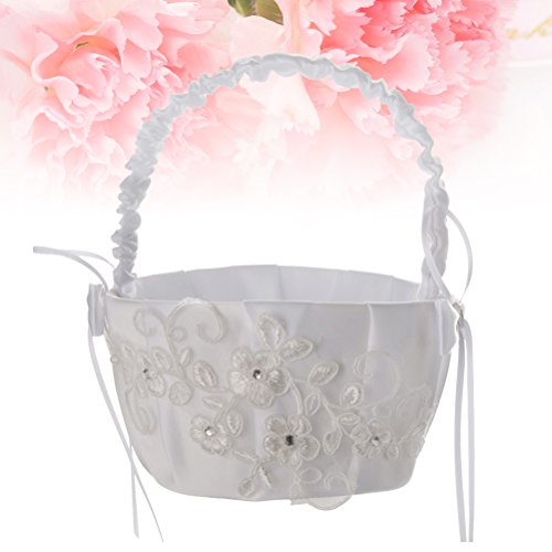 LUOEM White Embroidered Petal Wedding Flower Girl Basket Ceremony Party Lace Bowknot Portable Flower Girl Basket for Wedding Decoration(White)