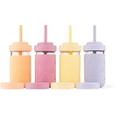 Elk and Friends Kids + Toddler Glass Cups | The Original 12oz Glass Mason Jar with Sleeves + Lids | Silicone Straws + Stopper | Smoothie Cup | Food Storage | Blush/Lilac/Peach/Lemon | 4 Pack