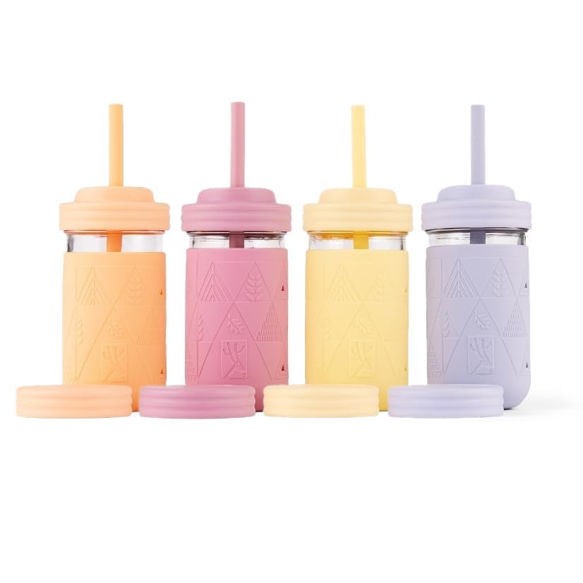 Elk and Friends Kids + Toddler Glass Cups | The Original 12oz Glass Mason Jar with Sleeves + Lids | Silicone Straws + Stopper | Smoothie Cup | Food Storage | Blush/Lilac/Peach/Lemon | 4 Pack