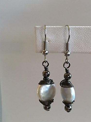 Pearl Earrings/21 Brass Wrap - Freshwater Coin Pearl, Hand Wrapped &amp; Finished with Shiny Graphite Brass Accents - Surgical Steel French Hooks