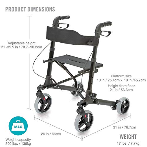 HealthSmart Walker Rollator With Seat And Backrest, Adjustable Handle