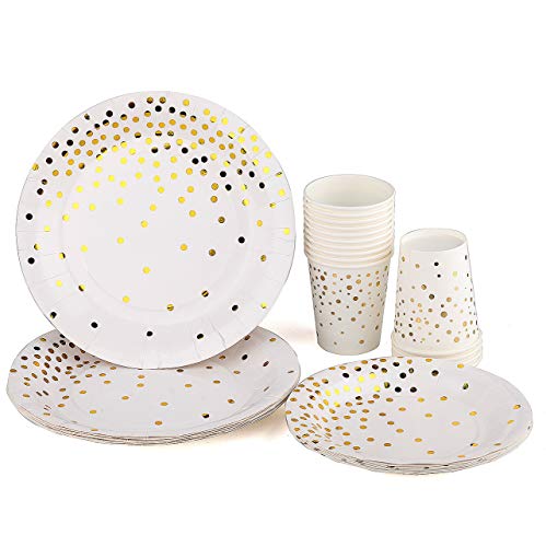 Party Plates and Cups -72 & 144 Piece Fancy Paper Plates with Cups- Gold Polka Dot Paper Plates and Cups- 9" Plates, 7" Plates, 9 oz Cups- Disposable Plates and Cups, Serves 24 & 48 People (144-Piece) - Thumbnail 2
