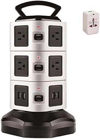 Power Strip 10 AC Outlet Surge Protector With 4 USB Port Charger 110-250V Charging Station Smart Power 3 Layers Socket Tower With 9.8 ft Extendable Cord (TRAVEL ADAPTOR FREE)