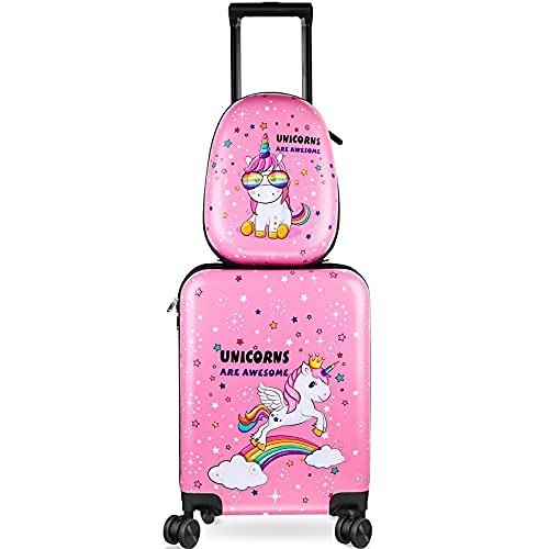 Weewooday Kids Luggage and Backpack 18 Suitcase with Spinner Wheel Hard Case Travel 13 Backpack Girl Suitcase Set for Kids Travel Supplies(Pink,Unicorn Style)