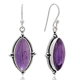 925 Sterling Silver Natural Gemstone Vintage Marquise Shape Rope Edge Dangle Hook Earrings 1.4