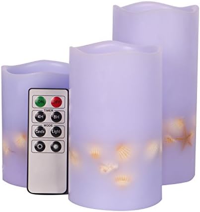 Cozeyat Purple Large Battery Operated Candles, 3pcs Flameless Lights with Remote and Timer Ocean Shell Decorated (Battery not Included)