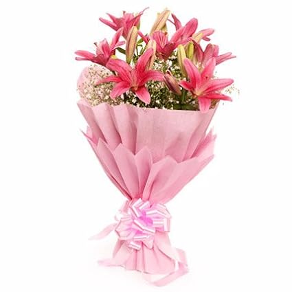 Floralbay Pink Asiatic Lilies Fresh Flowers in Paper Wrapping (Bunch Of 8)