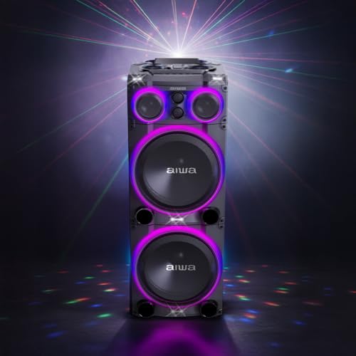 Aiwa Bocina Torre AWPOC15 Bluetooth 5.3 240W RMS 4000W PMPO con Luces LED, USB, AUX, RCA, Entradas para Micrófono, Ecualizador, Sonido Potente Ideal para Fiestas y Eventos Color Negro