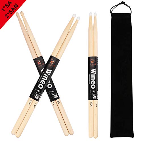 5A/5AN Drum Sticks with 1 Wood Tips and 2 Nylon Tips - WINGO 3 Pack Maple Drumsticks with Carrying Bag Holder