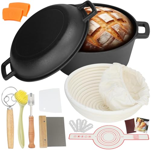 5QT Cast Iron Dutch Oven Sourdough Starter Kit with Proofing Basket & Lame | Includes Lid for Bread Baking. Ideal for Family Cooking, Frying, Braising & BBQ. Complete Baking Set.