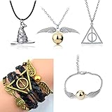 Harry Potter Necklace Set 5 Pieces Cosplay Pendant Necklaces Time Turner Deathly Hallows Golden Snitch for Girls Kids Decoration Toy Harry Potter Fans Hogwarts Gifts or Decorations