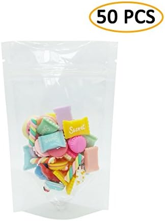 50 PCS Clear Stand-Up Plastic Storage Bag with Resealable Zip, Heat Sealable Reusable Pouch Packing Bag for Juice, Nuts, Beans and Tea Leaves (5.5"7.9")