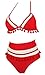 COCOSHIP Red & White Mesh Striped High Waist Bikini Set Tassel Trim Top Halter Straps Swimsuit Two Piece Bathing Suit 12(FBA)
