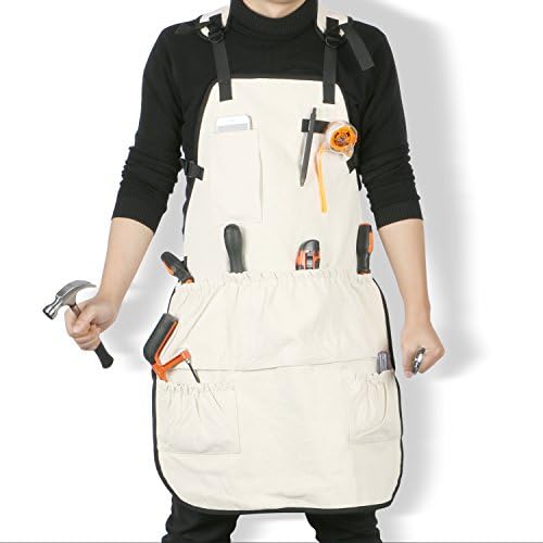Jeezero Full Coverage Heavy-duty Pressure-free at Neck Carpentery Wood-working Bib Canvas Tool Apron with Pockets-L