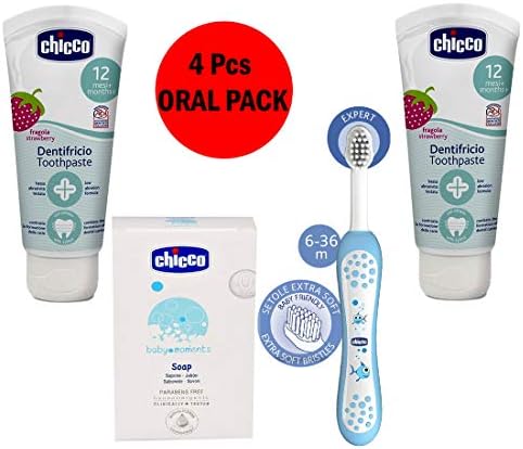 Chicco Oral Care Pack for 12 Month+ Baby Toothpaste Strawberry 100ml Soap 125g Toothbrush for Baby (Blue)