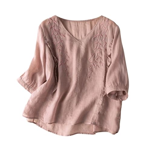 Cotton Linen Shirts for Women Summer Casual Trendy Boho Loose 3/4 Length Sleeve Tops Tunics Flowy Blouses Beach