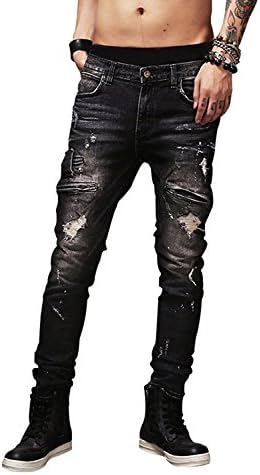 NORAME Men’s Fashion Black Biker Jeans Ripped Distressed Slit Denim Slim Stretch Motor Pants (40, Black)