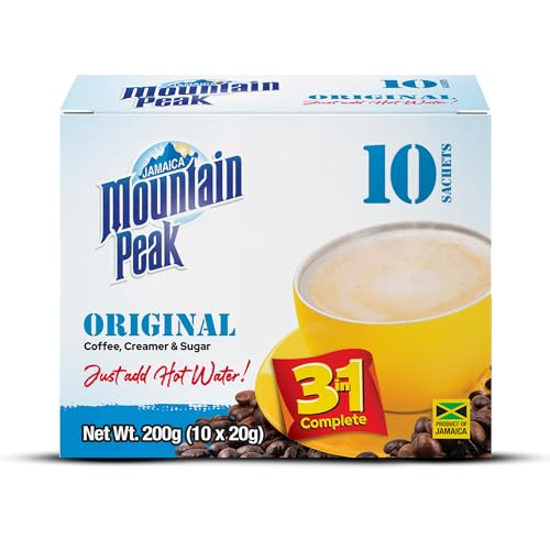 JAMAICA MOUNTAIN PEAK ORIGINAL 3 IN 1 INSTANT COFFEE MIX, COFFEE CREAMER AND CANE SUGAR (10 SACHETS X 20G), CLASSIC SMOOTH FLAVOR, RICH AND CREAMY, JUST ADD WATER
