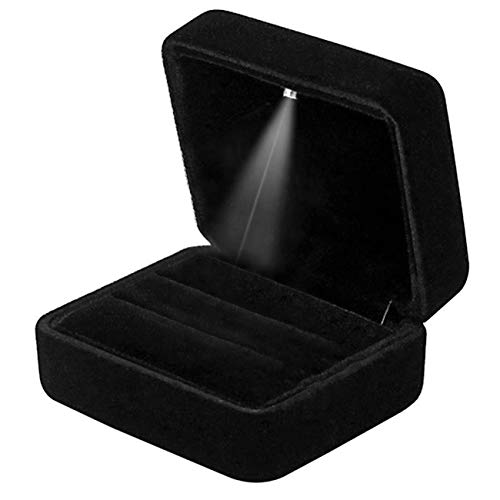 GBYAN Velvet 2 Slots Ring Box with LED Light for Ceremony Jewelry Display Gift Box for Engagement, Wedding, Black