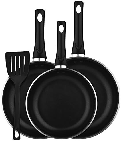 Cymas Frying Pan Set, 3-Piece Aluminum Nonstick Fry Pan, Saute Pan Set, Cookware Set with Silicone Spatula and Dishwasher Safe Pan Set 8"/10"/10.2", Black