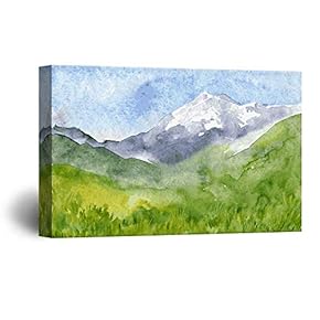 Canvas Wall Art - Watercolor Style Landscape Painting a Spring Mountain Valley Green Grass - Giclee Print Gallery Wrap Modern Home Art Ready to Hang - 12x18 inches