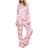 NUFIWI Christmas Feather Trim 2 Pieces Pajamas Sets for Women Holiday Button Down Long Sleeve Top Pants Xmas Pjs Sleepwear