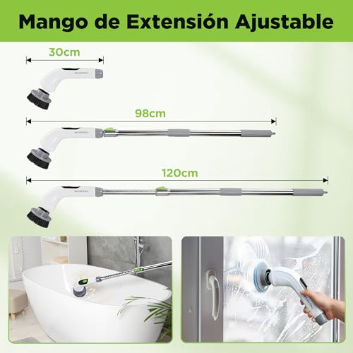WORKPRO 8V Electric Cleaning Brush with 8 Heads Telescopic Handle | Adjustable handle of 30-120 cm and three speeds for cleaning floors, bathrooms, kitchens and hard-to-reach areas