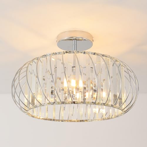 ANWIO Crystal Ceiling Lamp, Living Room Glass Ceiling Lamp with 3 E14 Base, Modern Silver Pendant Lamp, Crystal Ceiling Lamp with Bedroom, Kitchen, Dining Room (40 cm, Without Bulb)