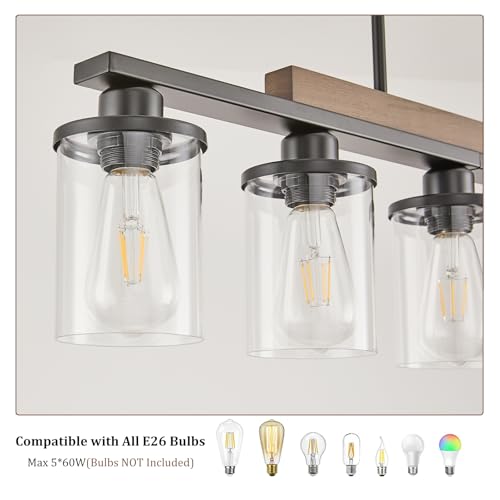 Feohak 5-Light Dining Room Light Fixture,Farmhouse Black Metal and Wood Kitchen Island Light with Glass Shade