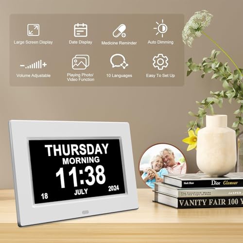 Youyu 7" Dementia Clock for Dementia Sufferers, Digital Calendar & Digital Alarm Clock for Elderly, Dementia Clocks with Days Dates and Time of Day, Remote & HD Picture Frame, White