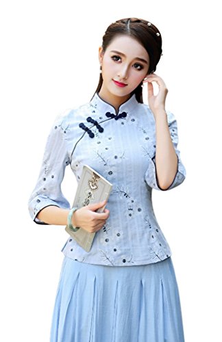 Seacolor Chinese Chengsam Qipao Top Blouse Floral Cotton Linen Traditional Shirt