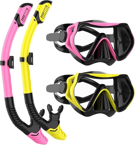 JRing Schnorchelset Erwachsene, Taucherbrille und Dry Schnorcheln Set Anti-Leck & Anti-Fog Schwimmbrille Schnorchelmaske Tauchmaske für Herren und Damen (Gelb+R