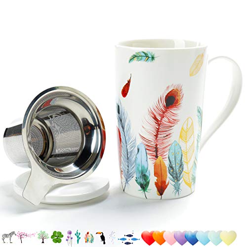 TEANAGOO Porcelain Tea Cup with Filter and Lid, 18 OZ, Feather, M58-8 Dom Dad Women Travel Teaware with Infuser, Steeper Maker, tea mug with infuser and lid and handle diffuser, brewing, brewer - Thumbnail 6