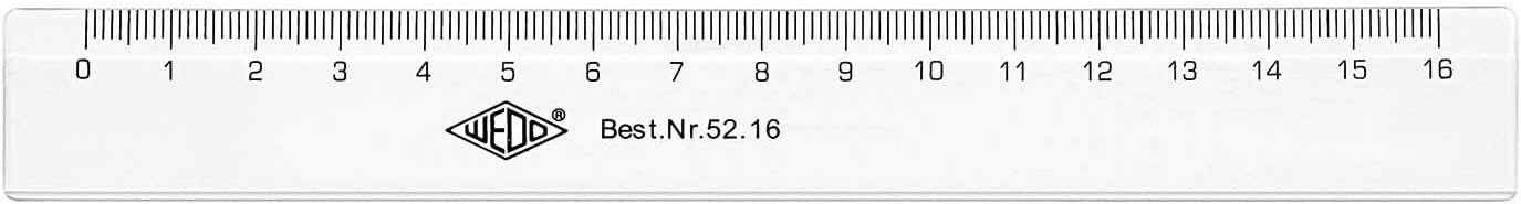 Wedo 5216 Lineal 16 cm, Tuschkante, geprägte Zentimeter Einteilung, Kunststoff, transparent