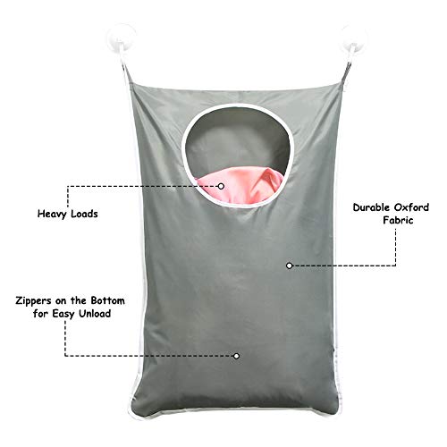 DiGiCare Door Hanging Laundry Hamper Bag, Space Saving Wall Hanging Laundry Basket Laundry Bag With 2 Stainless Steel Hooks, 2 Suction Hooks for Door, Wall, Nursery Room, Dorm, Travel (Gray)