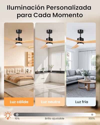 Ventilador de Techo de 60 Pulgadas con Aspas de Madera Sólida, Luz Led y Control Remoto – 3 Aspas, Ideal para Salas Grandes