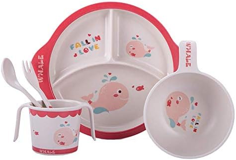 Kids 5-Piece Meal Set, Durable Children Dinner Plate Set, Eco-Friendly Bamboo Dinnerware, Food-Safe Feeding Set for Boys and Girls（whale）