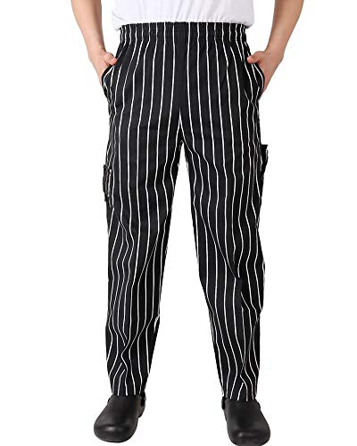 Nideen Men’s and Women's Baggy Chef Pant Blue and White Stripes Pant Black M