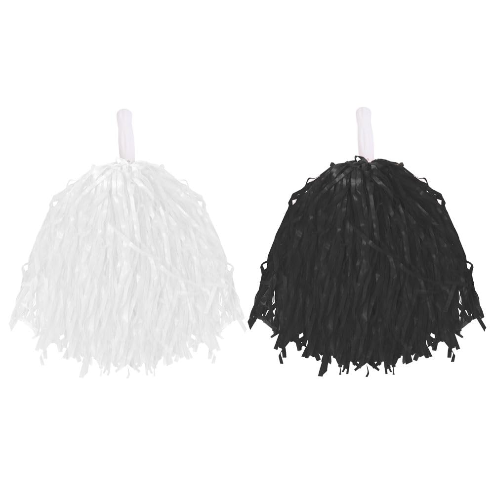 Cheerleader Pompoms Fancy Dress Costume Accessory Lightweight Pom Poms With Grip Handles for Kids & Adults. Colour: Black & White