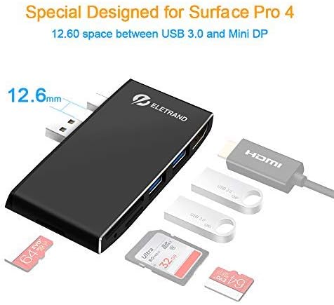 Eletrand Multi-Function Surface Pro 4 USB 3.0 Hub, Card Reader Combo with Build-in Mini DP to HDMI Adapter(4K/2K@30Hz), Dual USB 3.0 Port for Mouseb& Keyboard