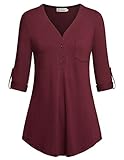 Nandashe Women Pullover, Fashion 3/4 Roll-Up Sleeve Split Neck Jumper Top Wine XL