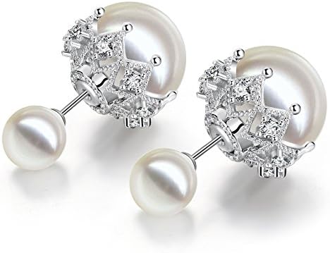 Double Sided White Ball Faux Pearl Beads Womens Fashion Elegant Tribal Stud Earrings