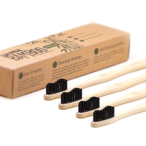 Stellar Natural Bamboo Toothbrush | Medium Charcoal Teeth Whitening Nylon Bristles | Biodegradable Handle Eco-Friendly | Pack of 4