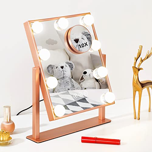 Kotdning Large Vanity Mirror with Lights, Hollywood Lighted Makeup Mirror with 9 Dimmable LED Bulbs for Dressing Room & Bedroom, Lighted Makeup Mirror with Detachable 10x Magnification