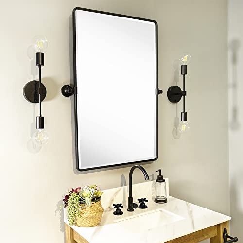 TEHOME Farmhouse Pivot Rectangle Bathroom Mirror Black Metal Framed